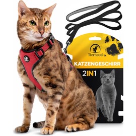 Tierhood Cat Harness with Lead, Lightweight Version - Cat Lead with Harness for Cats and Kittens - Cat Harness Set with Lead - Controlled Freedom - Red, Size M
