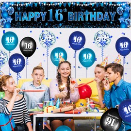 Blue Black 16th Birthday Banner Happy 16th Birthday Decorations for Boys Girls with 20 PCS Sweet 16th Birthday Balloons for 16 Years Old Anniversary Birthday Party Supplies Indoor Outdoor Decor