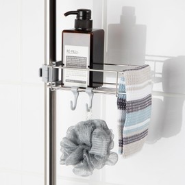 DeHUB Stainless Shower Caddy 7" with Hooks for Bathroom, Shower, Sink, Countertop, Shampoo, Soap, Sponge, Easy Installation, Dual Locking Clamp, No Drilling, No Glue, Height Adjustable, Silver