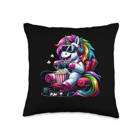 Gamer Unicorn Popcorn Gaming Chair Headphones Games Player Throw Pillow
