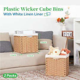 Bidtakay Wicker Storage Baskets with Liners 11x11 Storage Cube Bins Woven Basket with Imitation Water Hyacinth 2-Pack Waterproof Woven Storage Bins for Organizing Rattan Baskets Organizer-Natural