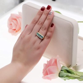 Uloveido Women's Gold Plated Simualted Oval Light Blue Topaz Ring, 7 Stone Cubic Zirconia Wedding Ring J501 (Light Blue, Size 8)