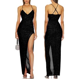 Capuffy Women's Spaghetti Straps Elegant Glitter V-Neck Cocktail Maxi Dress Thigh-High Slit Ruched Bodycon Evening Gown 315(Black,S)
