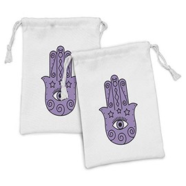 Lunarable Hamsa Fabric Pouch Set of 2, Pattern Protection Against Evil Eyes Concept Bohemian Hippie, Small Drawstring Bag for Toiletries Masks and Favors, 9" x 6", Purple