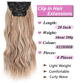 Samtress 20 Inch Clip in Hair Extensions Brown Mixed Blonde 4 PCS Hair Extensions Long Wavy Clip Extension Synthetic Fiber Hairpieces Hair for Women (#22H88B)