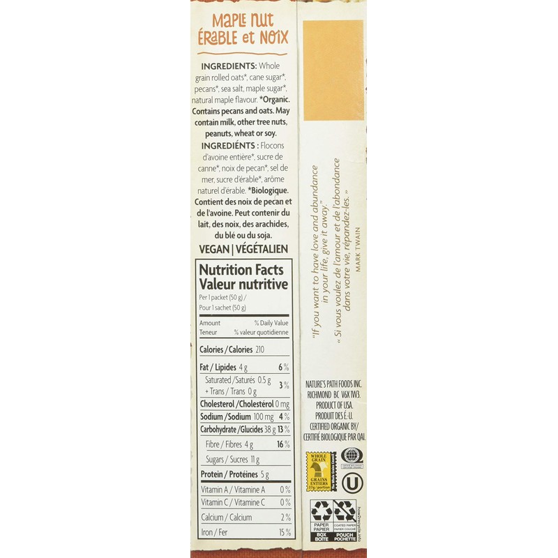 Natures Path, Oatmeal Pouches Maple Nut Organic 1.76 Ounce (Pack