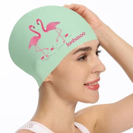 Jonhosoo Silicone Swim Cap for Women, Waterproof Long Hair Swimming Caps with Flower Printed (Green)