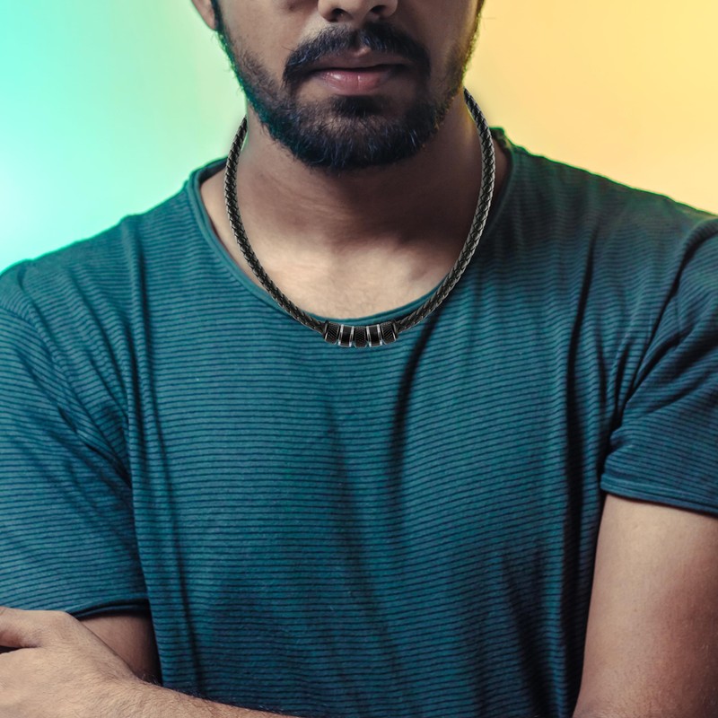 Casisto.Men's Leather Necklace Pendant Necklace, Black Cord, Stainless Steel, Jewellery