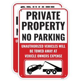 2PC Private Property No Parking Sign, 14 x 10 Inches - Aluminum - Violators Will Be Towed