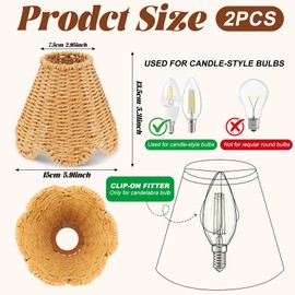 2 Pack Small Rattan Lamp Shades with Clip - Clip-On Boho Scalloped Woven Lampshades,2.95" Top X 5.9" Bottom,Natural Wicker Rope Replacement Shade for Table Bedroom Lamps Chandelier Accent Lamps