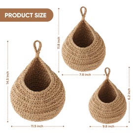 JCUKHA Hanging Fruit Baskets for Kitchen 3 Pack, Boho Wall Hanging Basket, Handwoven Hanging Holder with Hooks, Teardrop Home Produce Decor Basket for Fruits Vegetable Potato Onion Storage