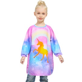 Fiodrimy - Delantal impermeable para niñas y niños, Dorado (Golden Unicorn), Medium,3-7 Years