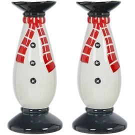 Set of 2 Christmas Hand-Painted Ceramic Large Candle Holders for Pillar Candles (Snowman)