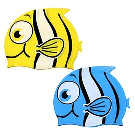2Packs Kids Cartoon Fish Swim Caps Children Elastic Swimming Hats Silicone Swimming Caps for Girls and Boys Waterproof Stretchy Swim Bathing Caps Keep Hair Clean Dry (1*Blue and 1*Yellow )