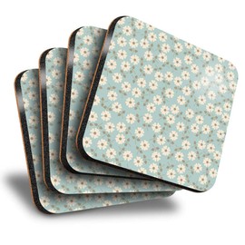 Destination Vinyl ltd Great Coasters (Set of 4) Square - Cute Daisy Flowers Duck Egg Drink Glossy Coasters/Tabletop Protection for Any Table Type #2847