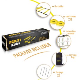 POWER GUIDANCE Agility Ladder (20 Feet) for Speed Agility Training & Quick Footwork Exercise - with 12 Plastic Rungs, 4 Pegs, Carry Bag & 10 Sports Cones (Yellow)