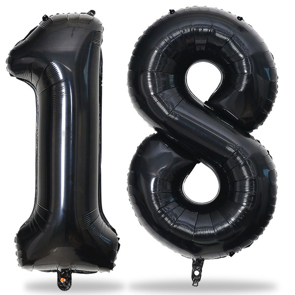Black Number 18 Birthday Balloons, 40 Inch Large Black Mylar