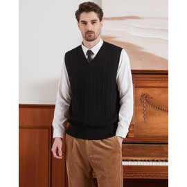 Kallspin Men’s Wool Blended Cable Knit Vest Sweater V Neck Relaxed Fit Sleeveless Pullovers (Black XX-Large)