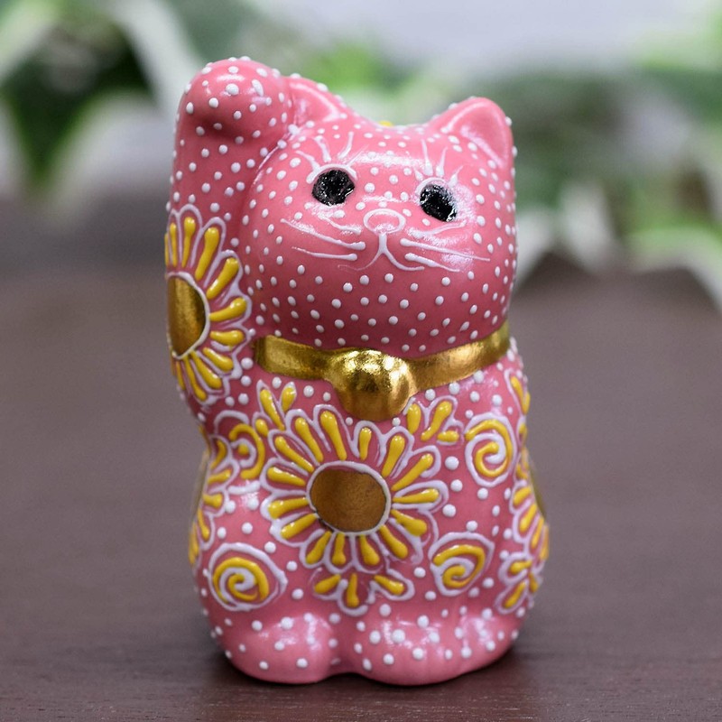 Maneki Neko Figurine, Kutani Ware, Right Maneki Neko, Pink Shori