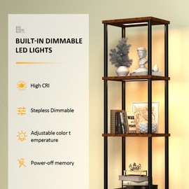 Caupel 5-Tier Display Corner Shelf with Dimmable Lights, 69.21 Inch Tall Bookshelf Storage Rack, Floor Lamp Display Shelves for Small Spaces, Rustic Open Bookcase Square Shelf Tower for Living Room