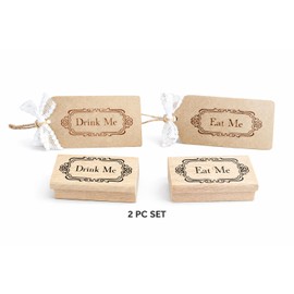 Alice in Wonderland Eat Me Drink Me Rubber Stamp Set, 2PCS Vintage Wooden Stamps with Gift Tin Box, Tea Party Tags Stamp for Wonderland Party Favors, Cupcake Tags, DIY Craft, Scrapbook Decoration