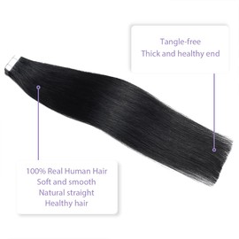 Sindra Tape-In Extensions, Real Human Hair, Black, 20 Pieces, 50 g, 40 cm, Invisible Tape-In Extensions, Real Hair, Remy, Silky Straight, Skin Weft, T#1, 16 Inches