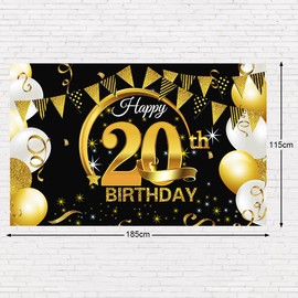 20th Birthday Decoration Black Gold, 20th Birthday Banner, 20th Birthday Party Decoration for Woman Man, 20th Birthday Background Banner, Extra Large Fabric Sign Poster 20th Birthday Party Supplies