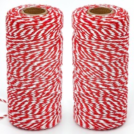 200 m Red and White Twine, 2 Rolls of Cord Red White, Gift Ribbon, Red White, Cotton Thread, Ideal for Baking, Crafts, Gift Wrapping at Christmas