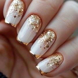 Square Press on Nails Medium Gold French Tip Fake Nails with Design Glitter Sequin Acrylic Nails Glossy Glue on Nails Artificial False Nails Stick on Nails for Women 24 Pcs