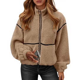 KIRUNDO Fleece Jacket Women Sherpa Oversized Zip Up Fall Jackets Winter Coats Faux Fur Warm Outwear 2025 Fashion Clothing(Khaki, Large)