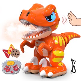 P&C Remote Control Dinosaur Toys for Kids Rechargeable Gesture Sensing Robot Velociraptor Toy with Spraying,Sound Effects,Dancing,2.4Ghz RC Dino for Boy&Girl 3-12 STEM Gifts for Kid (Orange)