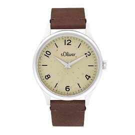 s.Oliver Men's Quartz Watch Analogue with Leather Strap, 5 Bar Waterproof, Comes in a Watch Gift Box, beige, IP silver / beige