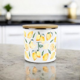 Purely Home Lemons Tea Canister - White Metal Enamel Medium Sized Kitchen Food Storage Container
