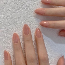 Press on Nails Almond Nude Pink False Nails French Fake Nails Full Cover Acrylic Stick on Nails Simple Artificial Medium Length Nails Glue on Nails for Women and Women Daily Wear Nail Decoration 24Pcs