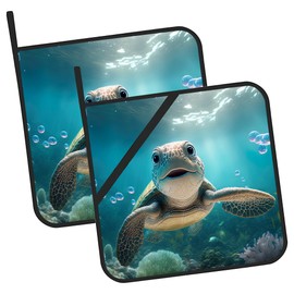 3D Cute Turtle Smiling Pot Holders - Heat Resistant Set of 2 Oven Hot Pads for Cooking, Baking, BBQ Gifts for Women