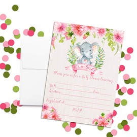 Watercolor Dahlia Floral Elephant-Themed Baby Girl Sprinkle Shower Invitations, 20 5"x7" Fill in Cards with Twenty White Envelopes by AmandaCreation