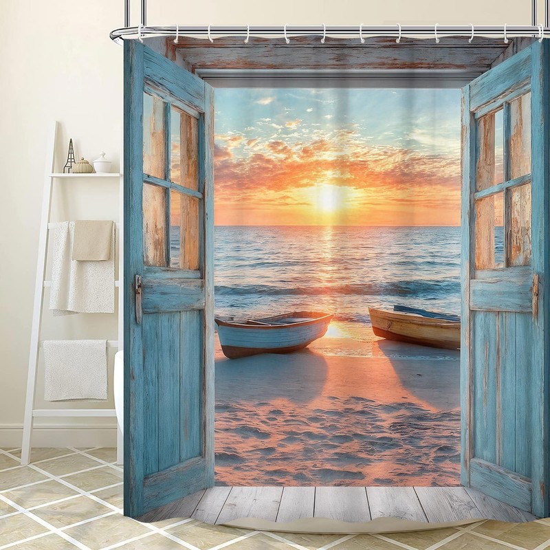 Beach Coastal Shower Curtain, Ocean Sunrise Seascape Nautical Shower Curtains