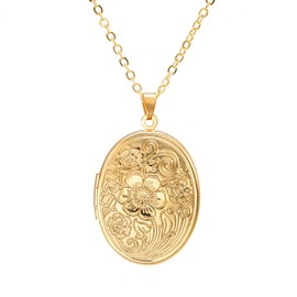 Vintage Engraved Flower Empaistic Photo Locket Hold Picture Oval Round Pendant Necklace Antique Carved Pattern Souvenir Memorial Clavicle Jewelry for Women-gold