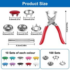 Xyvor 200 Sets Press Studs Without Sewing, 9.5 mm Hollow and Fixed Metal Buttons, Press Stud Set with Pliers, Jersey Press Studs for Children's Clothing, Clothing Bags, Handmade (10 Colours)