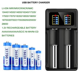 USB Battery Charger 2-Bay 5V 2A for Rechargeable Batteries 1.2V AA AAA 3.7V Li-ion 26650 18650 16340(RCR123) Capacity Display (Not Battery)