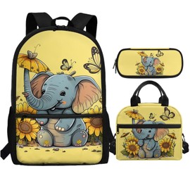 Tongluoye Elephant Kids Backpack With Lunch Box for Girls 8-10 10-12 Sunflower Bookbag Elementary School Bag Insulated Lunchbag Pencil Case Cute Book Bags 3Rd-6Th Grade Butterfly Schoolbag