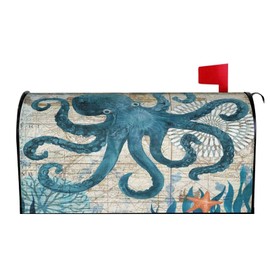 Abucaky Vintage Octopus Mailbox Cover Magnetic Ocean Starfish Nautical Map Waterproof Mailbox Wraps Post Letter Box Decor 21x18 in