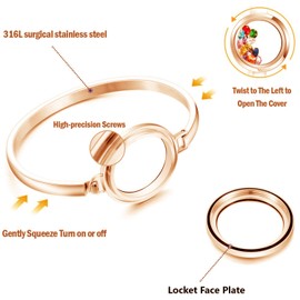 BG247 Stainless Steel 30mm Glass Floating Memory Living Locket Bangle Bracelet (Rose Gold No Stone Circle, 8)