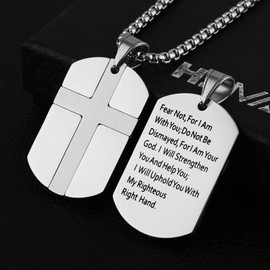 HZMAN Isaiah 41:10 Jewelry, Stainless Steel cross Dog Tag Necklace STRENGTH Bible Verse (Silver)
