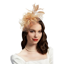 Cizoe Fascinators Hat for Women Tea Party Headband Kentucky Derby Wedding Flower Cocktail Mesh Feathers Hair Clip(1-Gold)