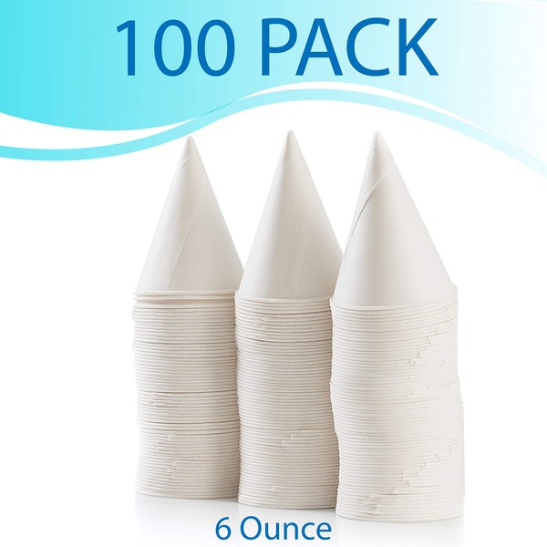 100 Paper Snow Cone Cups, 6 OZ Disposable Funnel Wax Coated Shaved Ice Cups