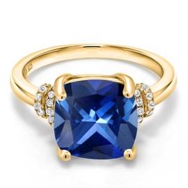 Gem Stone King 18K Yellow Gold Plated Silver Blue Created Sapphire Engagement Ring For Women | 5.61 Cttw | Cushion 10MM | Available In Size 5, 6, 7, 8, 9