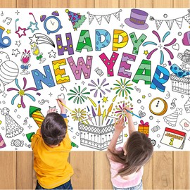 Happy New Year Coloring Poster Tablecloth – 51 x 30 Inch Giant DIY Paper Banner with Fireworks, Party Hats, and Festive Designs – Art Activity for New Year’s Eve Party, Classroom or Holiday Home Decor