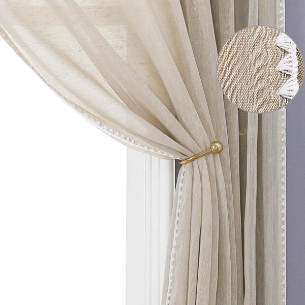 MISS SELECTEX Sheer Linen Curtains with Bordered - Natural Textured