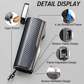 Kantion Cigar Lighter, 4 Jet Flame Torch Lighter Refillable Butane Lighter Windproof Lighter with Cigar Punch & Cigar Holder Gift for Men Women (Blue Black, Without Gas)